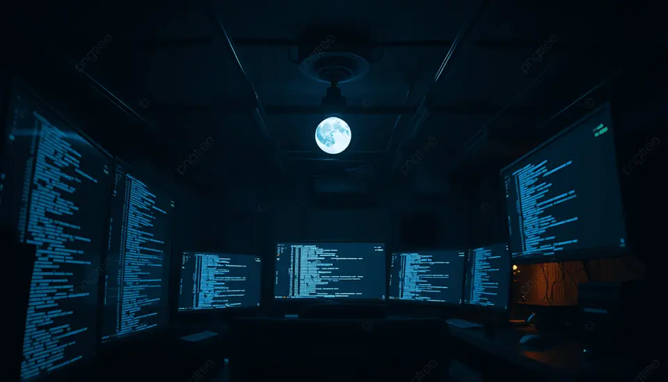 pngtree dark room with multiple monitors displaying code in high tech setup image 17931750